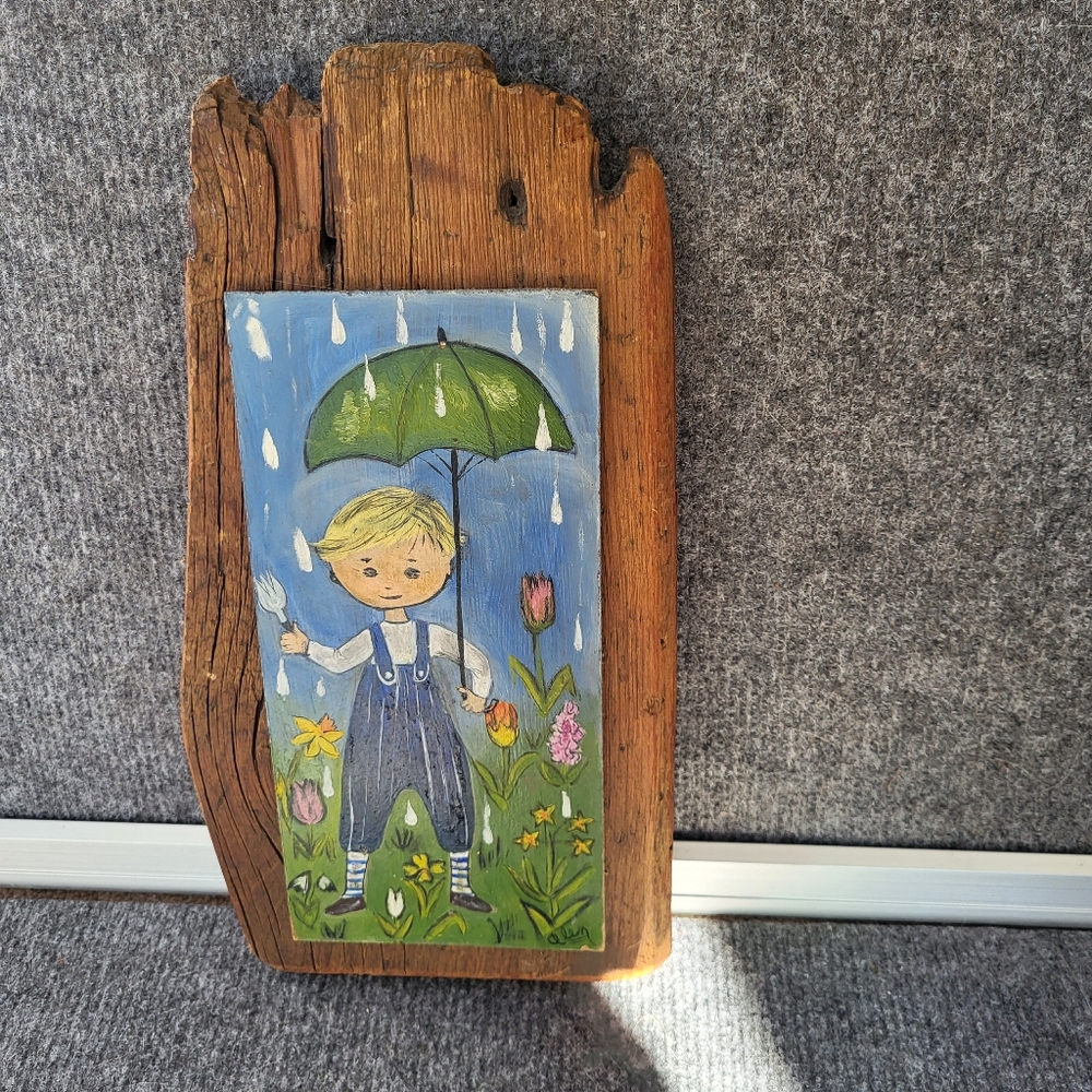 Vintage Wooden Plaque with Child and Umbrella Art